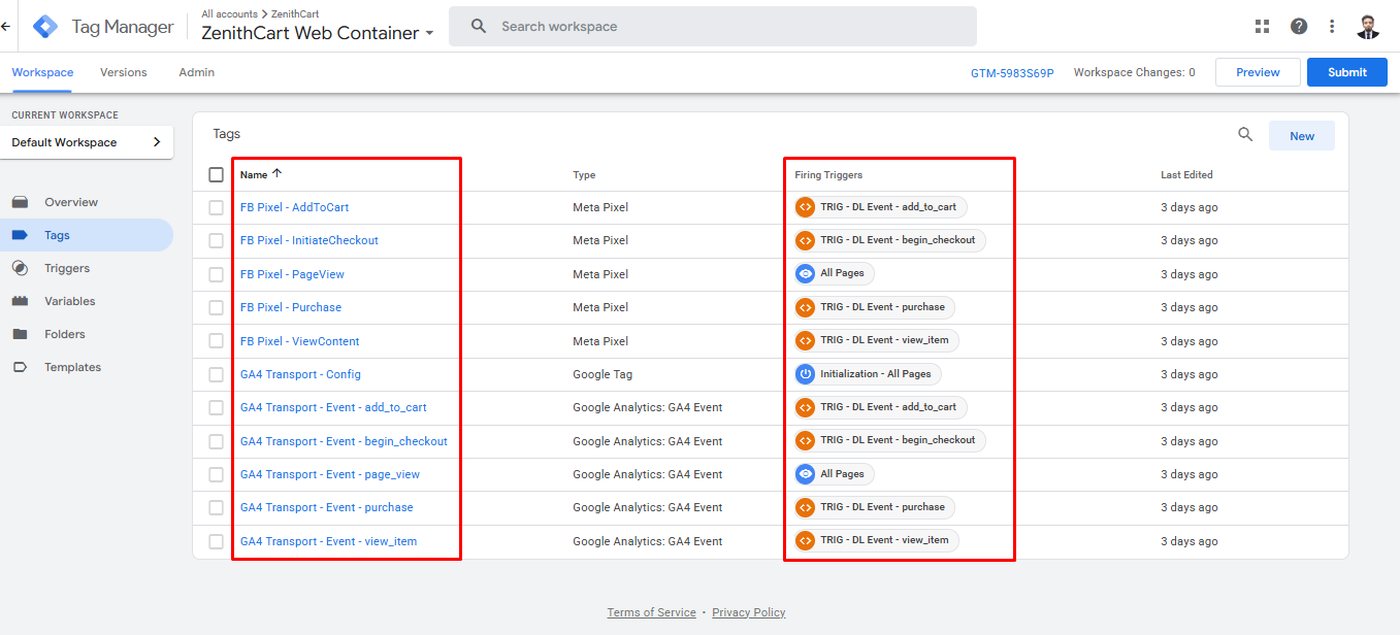 Web container, tagged event by event