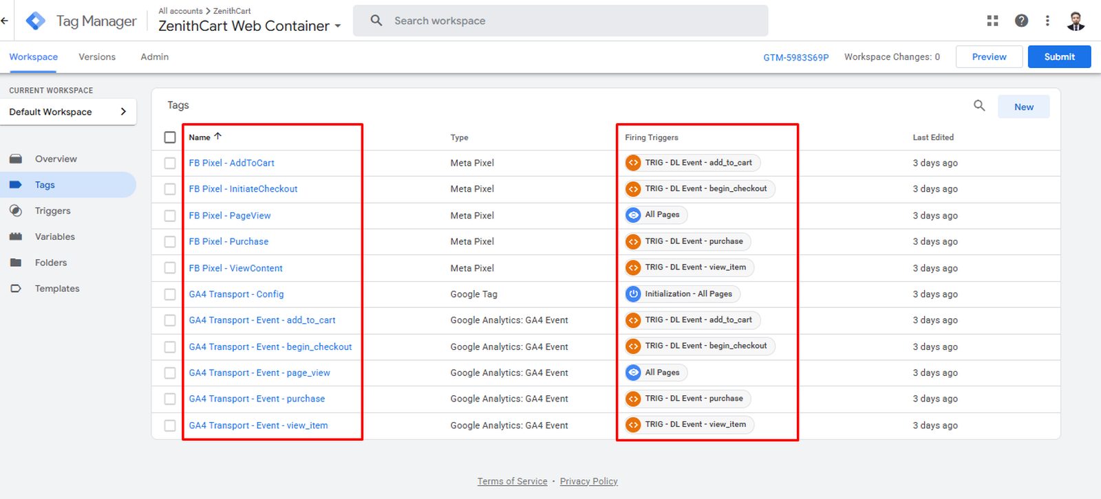 Google Tag Manager web container listing Meta Pixel and GA4 tags