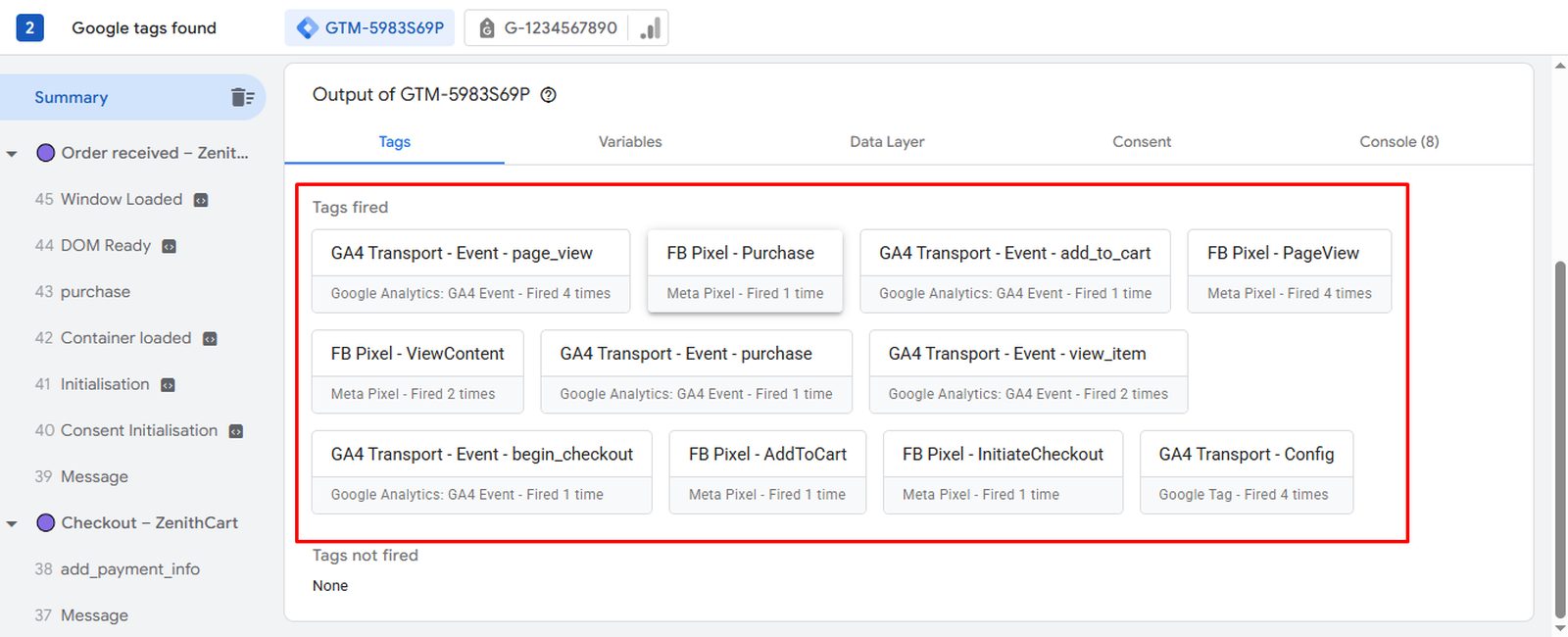 Tag Assistant showing every tag fired and none failed