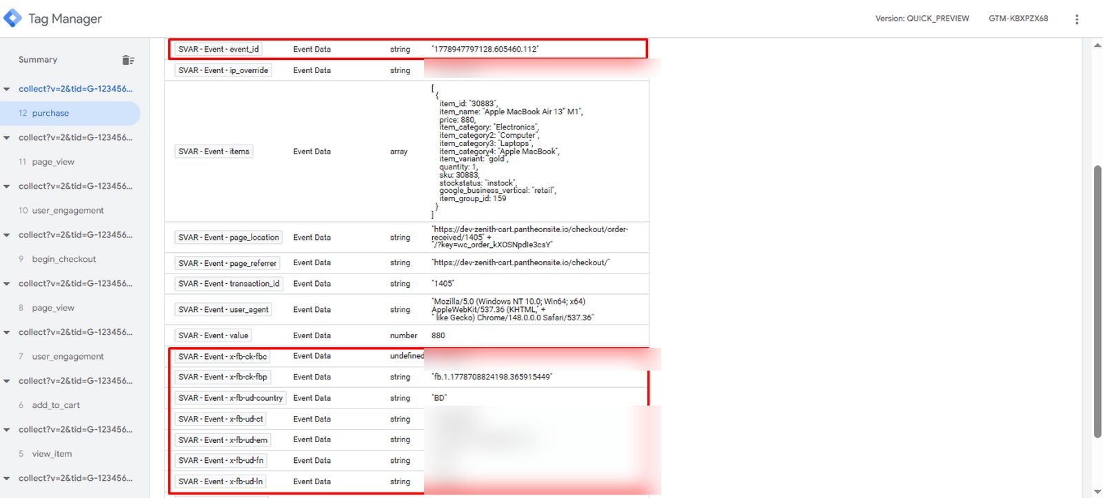 Server container variables showing event_id and hashed customer identifiers
