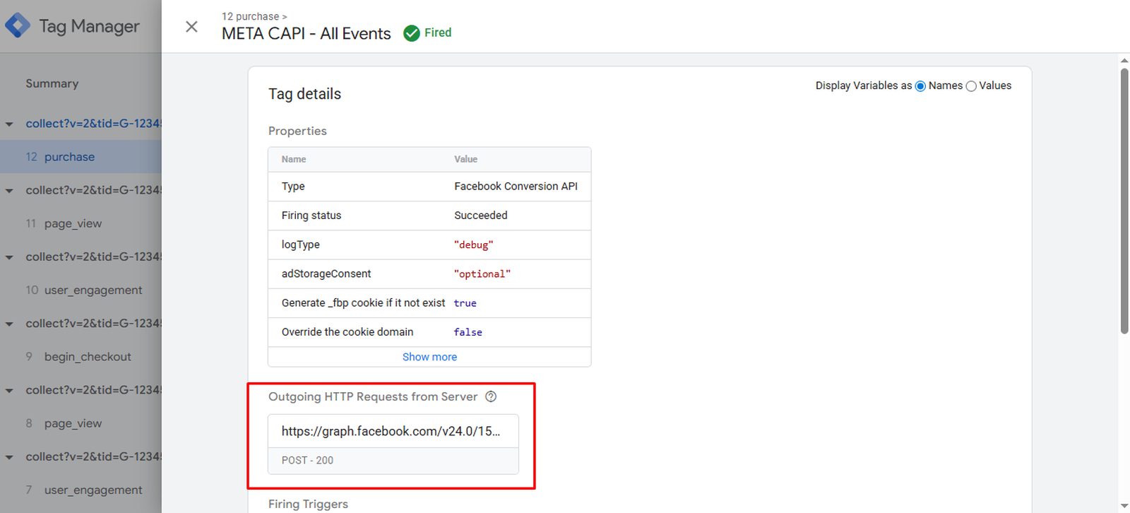 Server container tag firing a Conversions API request returning POST 200