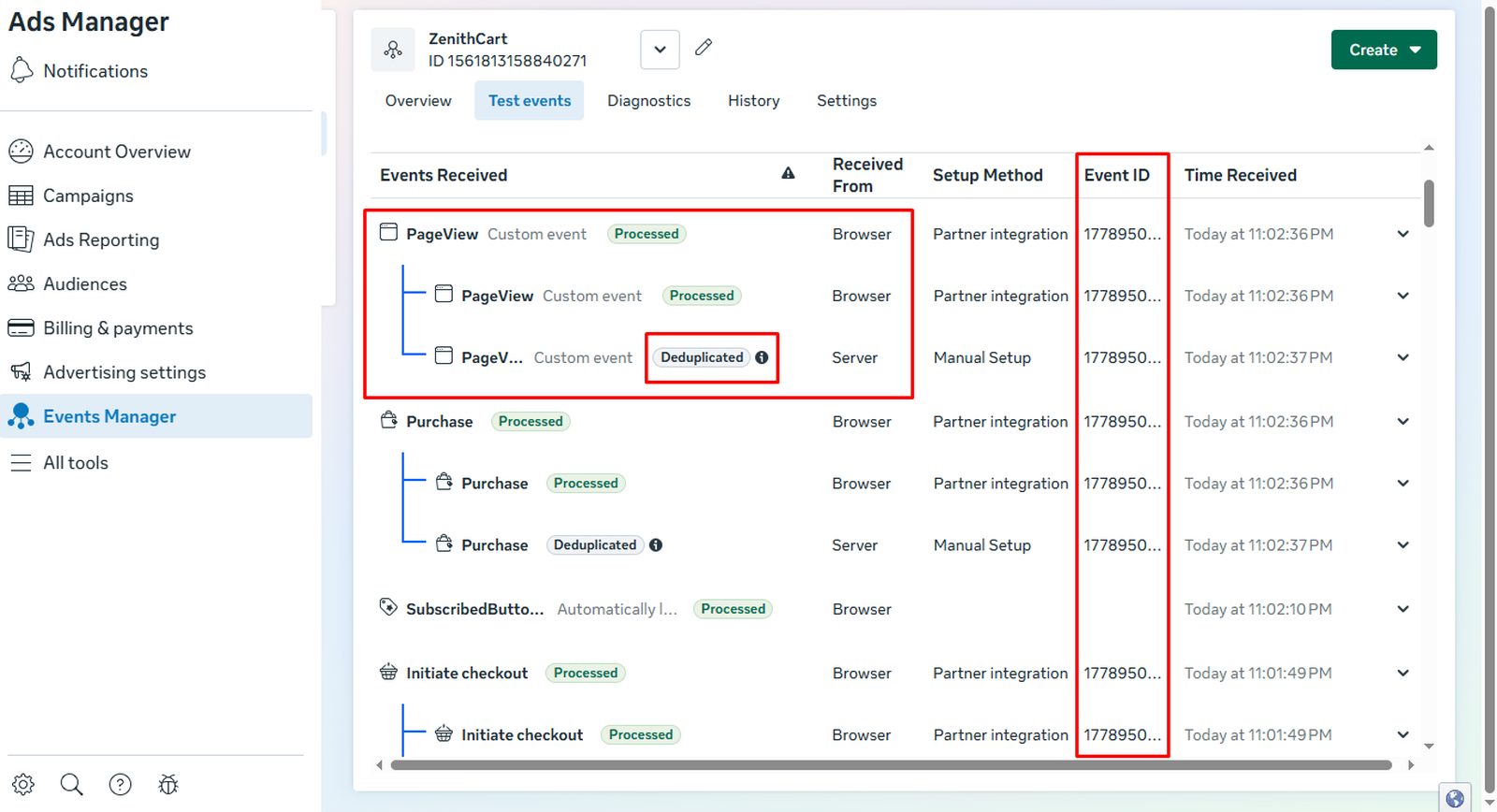 Meta Events Manager showing browser and server events marked Deduplicated
