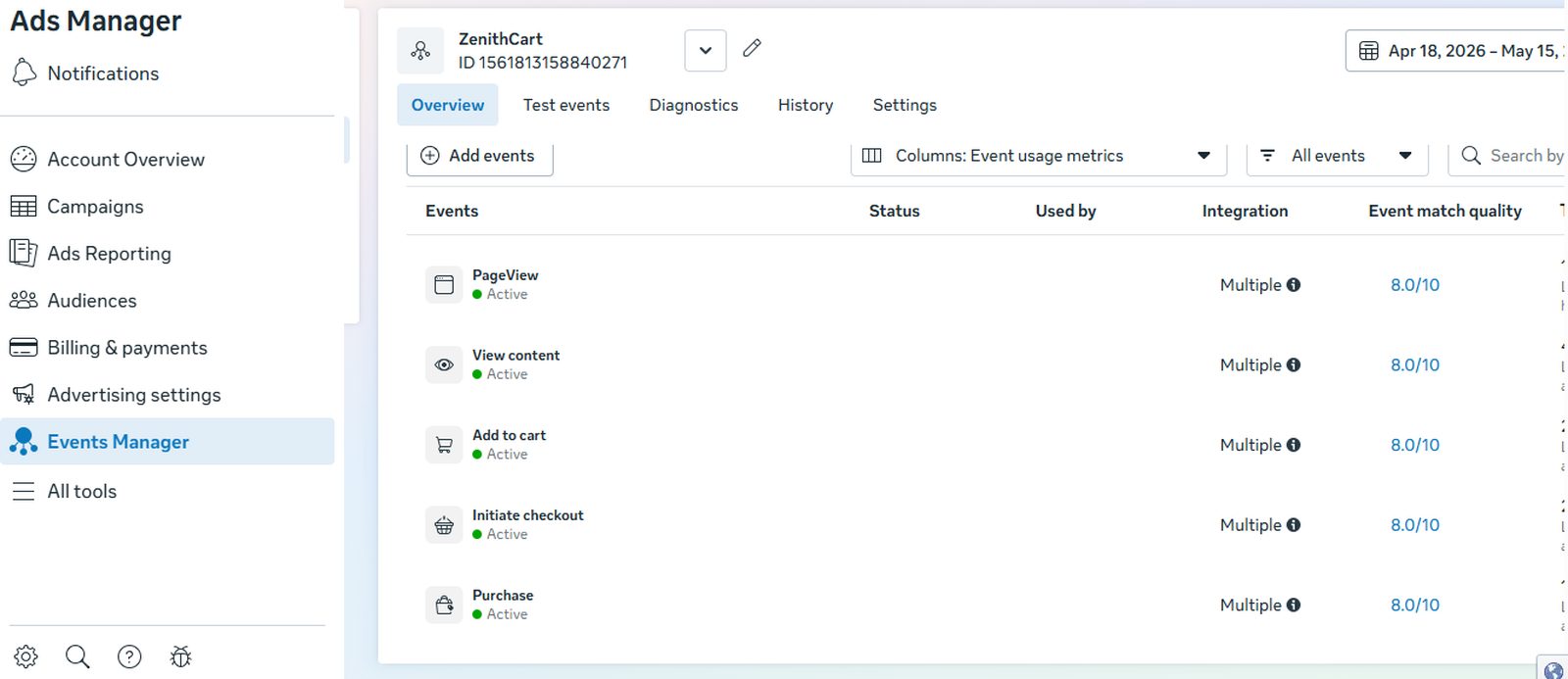 Events Manager showing Event Match Quality of 8.0 out of 10 across five events